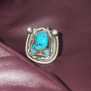VINTAGE STAMPED SILVER & TURQUOISE NATIVE AMERICAN RING 8 1/2 ☆